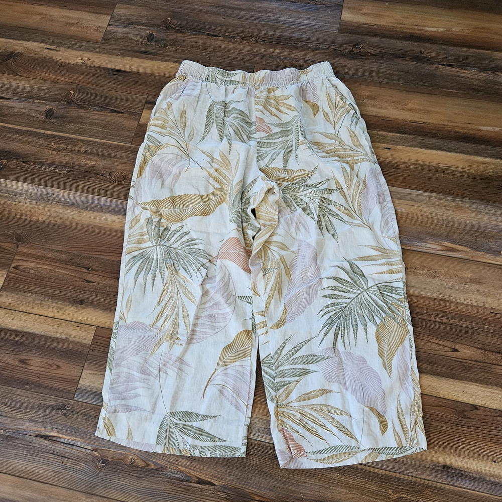 Tahari White Linen Pants with Floral Accents